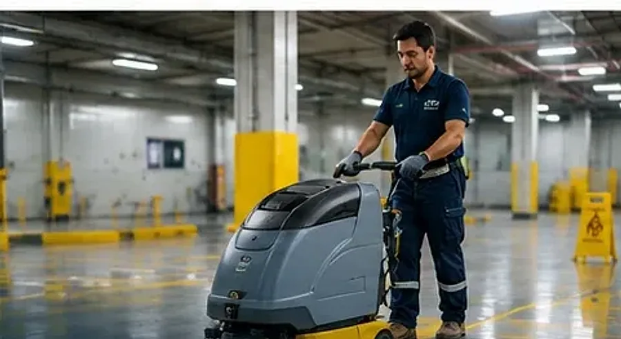 Operario con una máquina de aseo en una instalación industrial